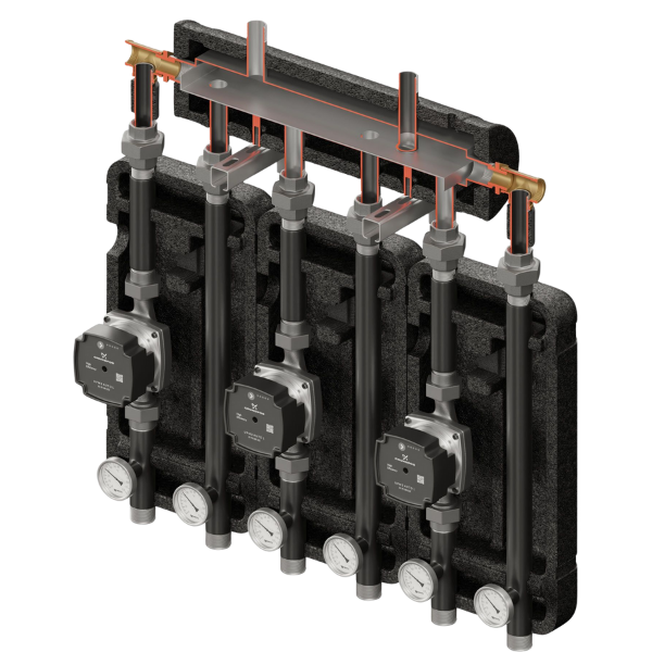 Zestaw hydrauliczny 3 grup mieszających Brygada 3D+ 9000 z rozdzielaczem KRE 3D+ + pompa obiegowa 25/7 230 V Grundfos (3 szt.)