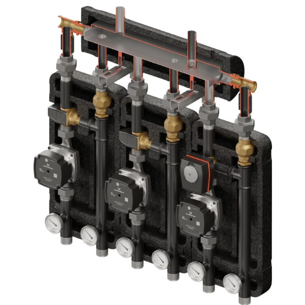 Zestaw hydrauliczny 3 grup mieszających Brygada 3D+ 9334 z rozdzielaczem KRE 3D+ + zawór termostatyczny VTA 322 ESBE (2 szt.) + zawór 3-drogowy VRG 432 1” i siłownikiem ESBE + pompa obiegowa 25/7 230 V Grundfos (3 szt.)