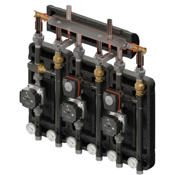 Zestaw hydrauliczny 3 grup mieszających Brygada 3D+ 9344 z rozdzielaczem KRE 3D+ + zawór termostatyczny VTA 322 ESBE + zawór 3-drogowy VRG 432 1” i siłownikiem ESBE (2 szt.) + pompa obiegowa 25/7 230 V Grundfos (3 szt.)