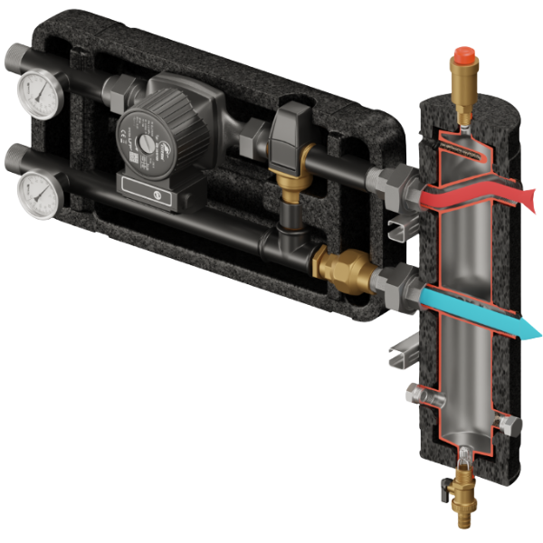Zestaw hydrauliczny Pluton 350 ze sprzęgłem SHE-CD PRO 55 kW + grupa mieszająca z zaworem termostatycznym VTA 322 ESBE + pompa obiegowa 25/6 230 V LFP Elterm 815350
