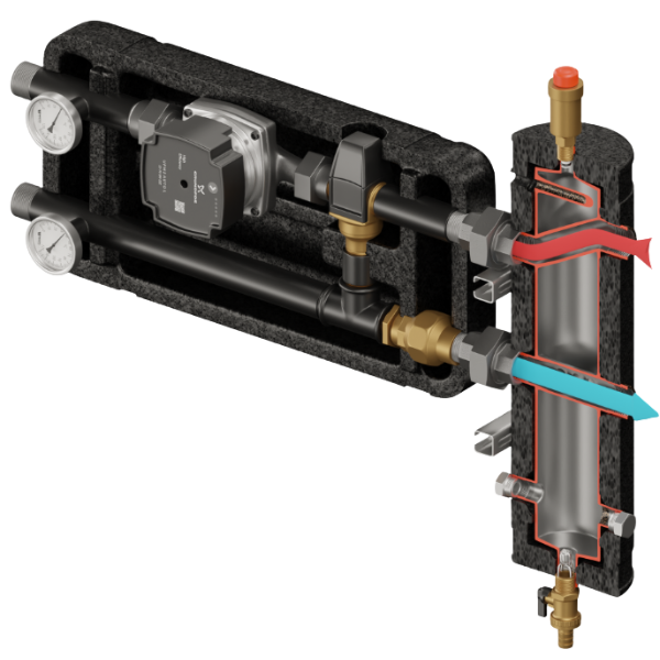 Zestaw hydrauliczny Pluton 370 ze sprzęgłem SHE-CD PRO 55 kW + grupa mieszająca z zaworem termostatycznym VTA 322 ESBE + pompa obiegowa 25/7 230 V Grundfos Elterm 815370