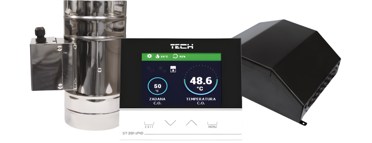 TECH ST‑391 zPID Fi 100 – dotykowy sterownik do kominka z przepustnicą Ø100 i czujnikiem temperatury spalin