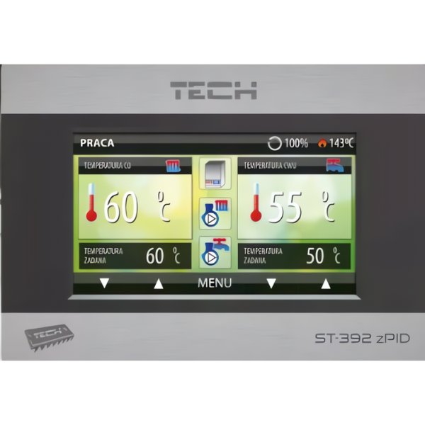 TECH ST‑392 – ekran dotykowy, podgląd temperatur i stanów pomp/przepustnicy