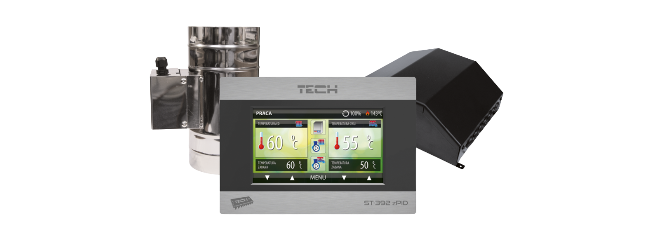TECH ST‑392 zPID WG.10.0061 – sterownik do kominka z czujnikiem spalin i przepustnicą Ø150 mm