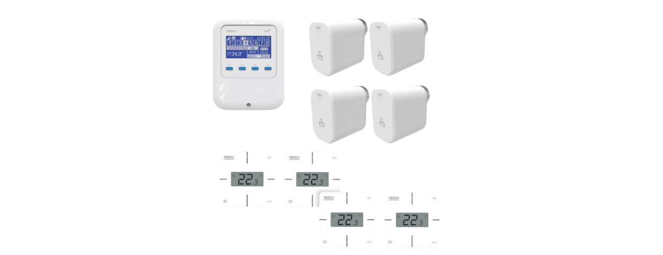 Zestaw do sterowania grzejnikami TECH WG.04.0030 – WiFi 8s + 4× regulator R‑8x + 4× głowica STT‑869 dla 4 pomieszczeń