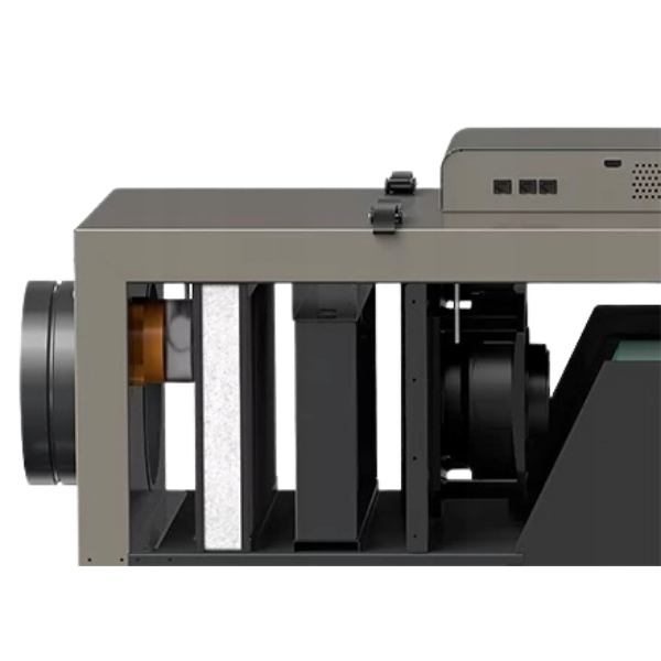 Wnętrze rekuperatora AirPack Home 200f L Energy+ z wymiennikiem ciepła i wentylatorami EC