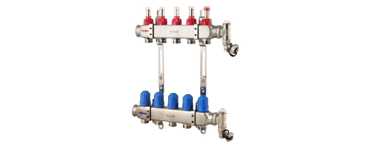 Rozdzielacz stalowy INOX do ogrzewania podłogowego VPremium 2 obwody z rotametrami VESBO ROP-SN-02_VP – widok kolektora