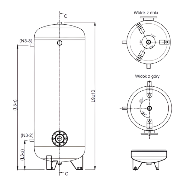 Wyposażenie wymiennika Aquatec HPD-500: termometr 0–120 °C, 2 kieszenie czujników Ø9 mm, króciec grzałki 6/4″