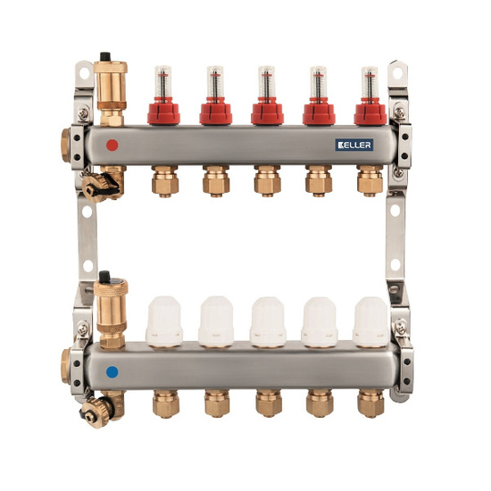 Rozdzielacz stalowy INOX 1" 7-drogowy z przepływomierzami i zaworami termostatycznymi Keller KEL 720267
