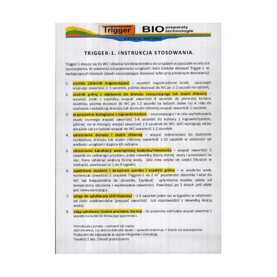 Biopreparat do oczyszczania ścieków domowych TRIGGER-1 (25 saszetek) Wobet 0030