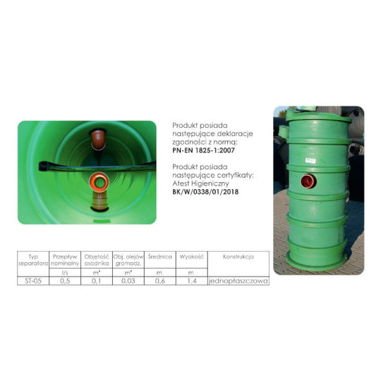Separator tłuszczu ST-05 HDPE R (pionowy) wlot PCV 110, zintegrowany z osadnikiem Wobet 0150