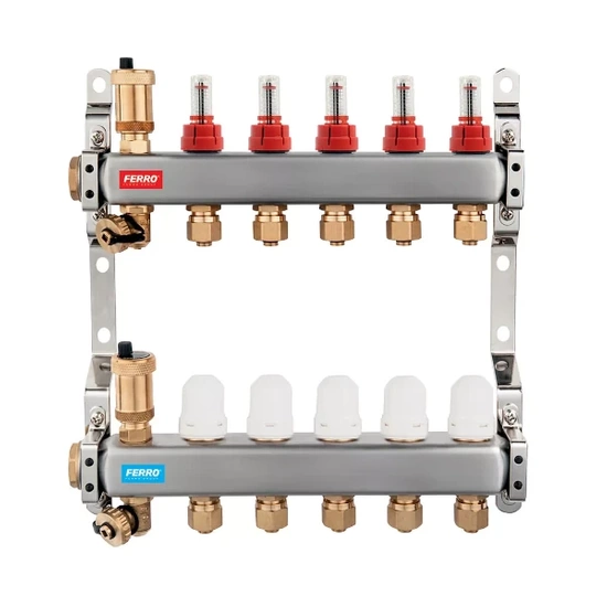Rozdzielacz stalowy INOX SN-RZP 1" 11-drogowy z zaworami termostatycznymi i przepływomierzami Ferro SN-RZP11S