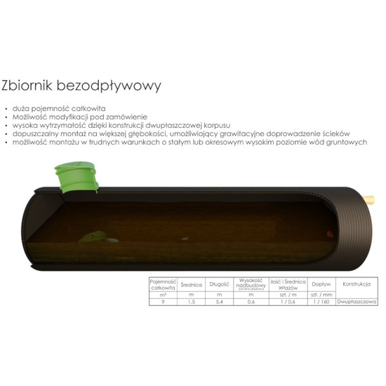 Zbiornik bezodpływowy Szambo HDPE Z 9m3, dwupłaszczowy Wobet 0253