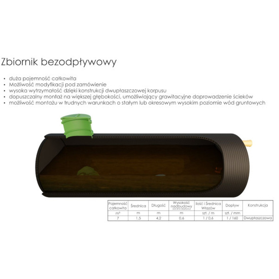 Zbiornik bezodpływowy Szambo HDPE Z 7m3, dwupłaszczowy Wobet 0251