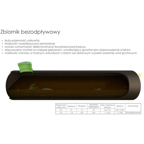 Zbiornik bezodpływowy Szambo HDPE Z 10m3, dwupłaszczowy Wobet 0254