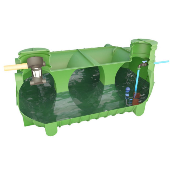 Zbiornik na deszczówkę HDPE R 9m3 + filtr, pompa Pedrollo TOP MULTI-EVOTECH 2 0,55 kW, zestaw KGE do odsysania pływającego z pływakiem i sitem Wobet 0295