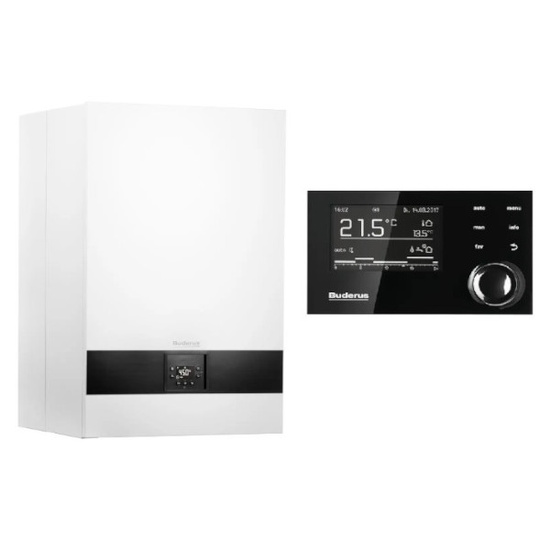 Kocioł gazowy kondensacyjny dwufunkcyjny Logamax plus GB172i-24T50RH 22 kW z wbudowanym zasobnikiem 48 L + regulator pogodowy Logamatic RC310 czarny Buderus 8734150780