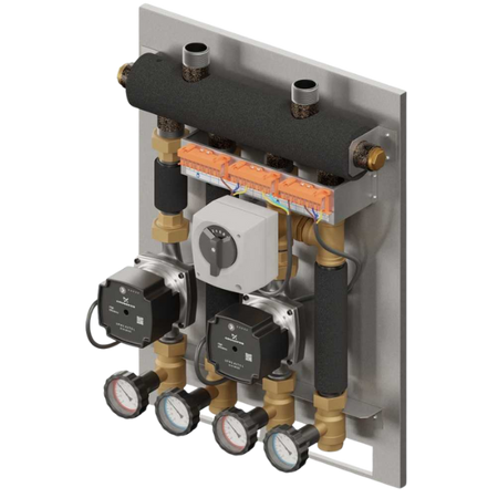 Zestaw hydrauliczny 2 grup mieszających Szwadron PRO 2D 480 ze sprzęgło-kolektorem SKE 2DC 35 kW + zawór 3-drogowy VRG 432 1” z siłownikiem ESBE + pompa obiegowa 15/7 230 V Grundfos (2 szt.) Elterm 835480