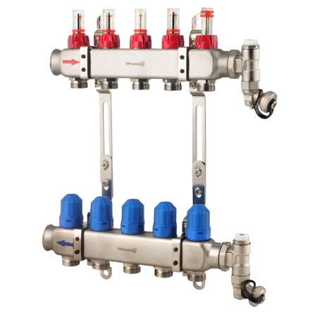 Rozdzielacz stalowy INOX do ogrzewania podłogowego VPremium 5 obwodów z rotametrami VESBO ROP-SN-05_VP