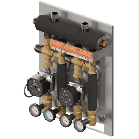 Zestaw hydrauliczny 2 grup mieszających Szwadron PRO 2D 373 ze sprzęgło-kolektorem SKE 2DC 35 kW + zawór termostatyczny VTA 322 ESBE (2 szt.) + pompa obiegowa 15/7 230 V Grundfos (2 szt.) Elterm 835373