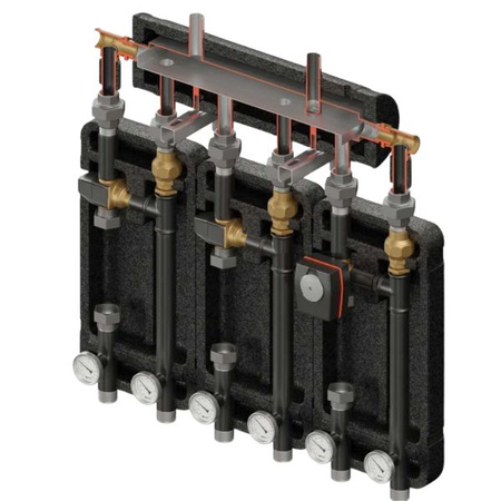 Zestaw hydrauliczny 3 grup mieszających Brygada 3D+ 7554 z rozdzielaczem KRE 3D+ + zawór termostatyczny VTA 372 ESBE (2 szt.) + zawór 3-drogowy VRG 432 1” i siłownikiem ESBE Elterm 847554