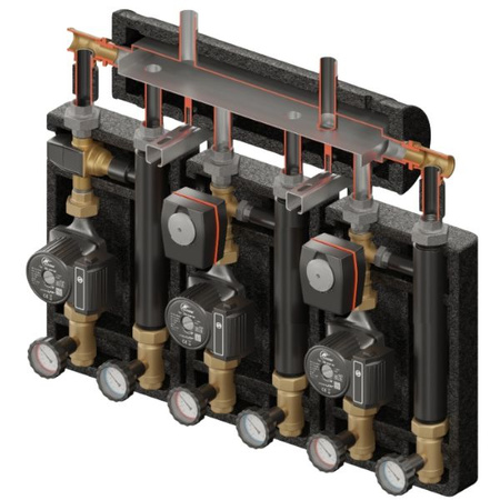 Zestaw hydrauliczny 3 grup mieszających Brygada PRO 3D+ 8544 z rozdzielaczem KRE 3D+ + zawór termostatyczny VTA 372 ESBE + zawór 3-drogowy VRG 432 1” i siłownikiem ESBE (2 szt.) + pompa obiegowa 25/6 230 V LFP (3 szt.) Elterm 868544