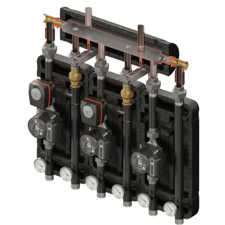 Zestaw hydrauliczny 3 grup mieszających Brygada 3D+ 8044 z rozdzielaczem KRE 3D+ + zawór 3-drogowy VRG 432 1” i siłownikiem ESBE (2 szt.) + pompa obiegowa 25/6 230 V LFP (3 szt.) Elterm 848044