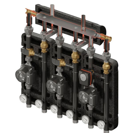 Zestaw hydrauliczny 3 grup mieszających Brygada 3D+ 8554 z rozdzielaczem KRE 3D+ + zawór termostatyczny VTA 372 ESBE (2 szt.) + zawór 3-drogowy VRG 432 1” i siłownikiem ESBE + pompa obiegowa 25/6 230 V LFP (3 szt.) Elterm 848554