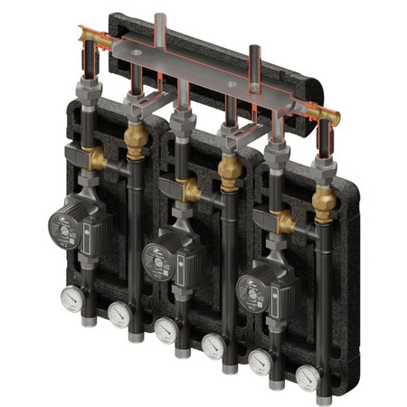 Zestaw hydrauliczny 3 grup mieszających Brygada 3D+ 8555 z rozdzielaczem KRE 3D+ + zawór termostatyczny VTA 372 ESBE (3 szt.) + pompa obiegowa 25/6 230 V LFP (3 szt.) Elterm 848555