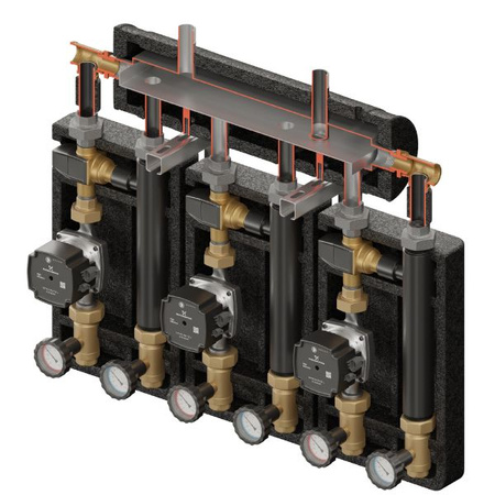 Zestaw hydrauliczny 3 grup mieszających Brygada PRO 3D+ 9333 z rozdzielaczem KRE 3D+ + zawór termostatyczny VTA 322 ESBE (3 szt.) + pompa obiegowa 25/7 230 V Grundfos (3 szt.) Elterm 869333
