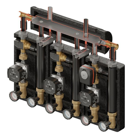 Zestaw hydrauliczny 3 grup mieszających Brygada PRO 3D+ 9554 z rozdzielaczem KRE 3D+ + zawór termostatyczny VTA 372 ESBE (2 szt.) + zawór 3-drogowy VRG 432 1” i siłownikiem ESBE + pompa obiegowa 25/7 230 V Grundfos (3 szt.) Elterm 869554