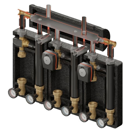 Zestaw hydrauliczny 3 grup mieszających Brygada PRO 3D+ 7344 z rozdzielaczem KRE 3D+ + zawór termostatyczny VTA 322 ESBE + zawór 3-drogowy VRG 432 1” i siłownikiem ESBE (2 szt.) Elterm 867344