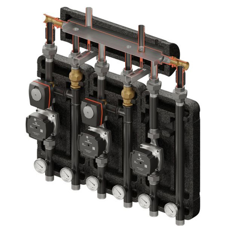 Zestaw hydrauliczny 3 grup mieszających Brygada 3D+ 9044 z rozdzielaczem KRE 3D+ + zawór 3-drogowy VRG 432 1” i siłownikiem ESBE (2 szt.) + pompa obiegowa 25/7 230 V Grundfos (3 szt.) Elterm 849044