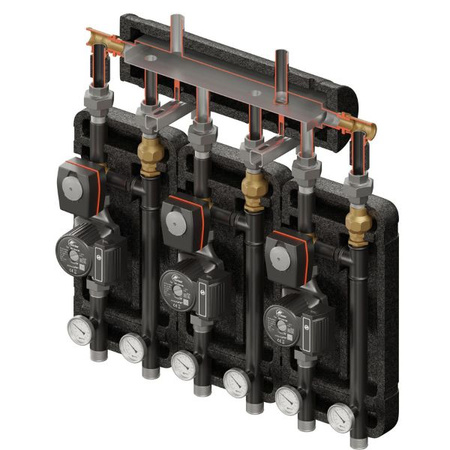 Zestaw hydrauliczny 3 grup mieszających Brygada 3D+ 8444 z rozdzielaczem KRE 3D+ + zawór 3-drogowy VRG 432 1” i siłownikiem ESBE (3 szt.) + pompa obiegowa 25/6 230 V LFP (3 szt.) Elterm 848444