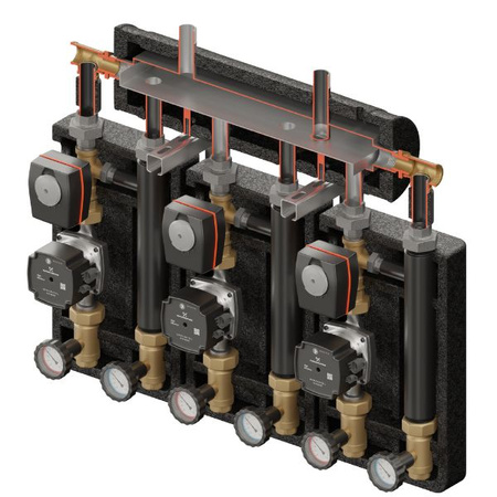 Zestaw hydrauliczny 3 grup mieszających Brygada PRO 3D+ 9444 z rozdzielaczem KRE 3D+ + zawór 3-drogowy VRG 432 1” i siłownikiem ESBE (3 szt.) + pompa obiegowa 25/7 230 V Grundfos (3 szt.) Elterm 869444