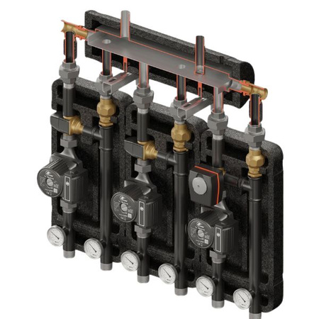 Zestaw hydrauliczny 3 grup mieszających Brygada 3D+ 8334 z rozdzielaczem KRE 3D+ + zawór termostatyczny VTA 322 ESBE (2 szt.) + zawór 3-drogowy VRG 432 1” i siłownikiem ESBE + pompa obiegowa 25/6 230 V LFP (3 szt.) Elterm 848334