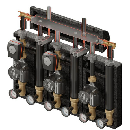 Zestaw hydrauliczny 3 grup mieszających Brygada PRO 3D+ 8044 z rozdzielaczem KRE 3D+ + zawór 3-drogowy VRG 432 1” i siłownikiem ESBE (2 szt.) + pompa obiegowa 25/6 230 V LFP (3 szt.) Elterm 868044