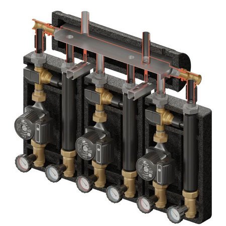 Zestaw hydrauliczny 3 grup mieszających Brygada PRO 3D+ 8333 z rozdzielaczem KRE 3D+ + zawór termostatyczny VTA 322 ESBE (3 szt.) + pompa obiegowa 25/6 230 V LFP (3 szt.) Elterm 868333