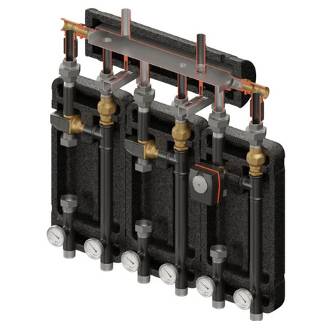Zestaw hydrauliczny 3 grup mieszających Brygada 3D+ 7334 z rozdzielaczem KRE 3D+ + zawór termostatyczny VTA 322 ESBE (2 szt.) + zawór 3-drogowy VRG 432 1” i siłownikiem ESBE Elterm 847334