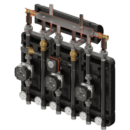 Zestaw hydrauliczny 3 grup mieszających Brygada 3D+ 9034 z rozdzielaczem KRE 3D+ + zawór termostatyczny VTA 322 ESBE + zawór 3-drogowy VRG 432 1” i siłownikiem ESBE + pompa obiegowa 25/7 230 V Grundfos (3 szt.) Elterm 849034