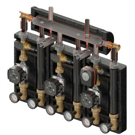 Zestaw hydrauliczny 3 grup mieszających Brygada PRO 3D+ 9334 z rozdzielaczem KRE 3D+ + zawór termostatyczny VTA 322 ESBE (2 szt.) + zawór 3-drogowy VRG 432 1” i siłownikiem ESBE + pompa obiegowa 25/7 230 V Grundfos (3 szt.) Elterm 869334