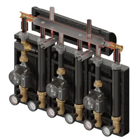 Zestaw hydrauliczny 3 grup mieszających Brygada PRO 3D+ 8003 z rozdzielaczem KRE 3D+ + zawór termostatyczny VTA 322 ESBE + pompa obiegowa 25/6 230 V LFP (3 szt.) Elterm 868003
