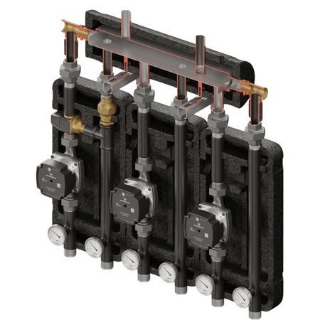 Zestaw hydrauliczny 3 grup mieszających Brygada 3D+ 9003 z rozdzielaczem KRE 3D+ + zawór termostatyczny VTA 322 ESBE + pompa obiegowa 25/7 230 V Grundfos (3 szt.) Elterm 849003