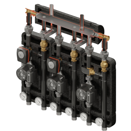 Zestaw hydrauliczny 3 grup mieszających Brygada 3D+ 8544 z rozdzielaczem KRE 3D+ + zawór termostatyczny VTA 372 ESBE + zawór 3-drogowy VRG 432 1” i siłownikiem ESBE (2 szt.) + pompa obiegowa 25/6 230 V LFP (3 szt.) Elterm 848544