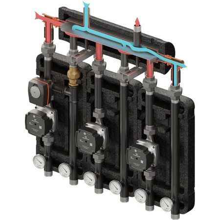 Zestaw hydrauliczny 3 grup mieszających Brygada 3D+ 9004 z rozdzielaczem KRE 3D+ + zawór 3-drogowy VRG 432 1” i siłownikiem ESBE + pompa obiegowa 25/7 230 V Grundfos (3 szt.) Elterm 849004