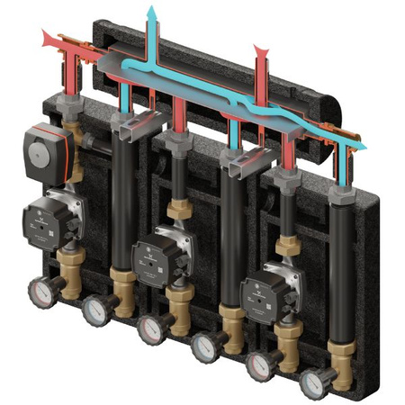 Zestaw hydrauliczny 3 grup mieszających Brygada PRO 3D+ 9004 z rozdzielaczem KRE 3D+ + zawór 3-drogowy VRG 432 1” i siłownikiem ESBE + pompa obiegowa 25/7 230 V Grundfos (3 szt.) Elterm 869004