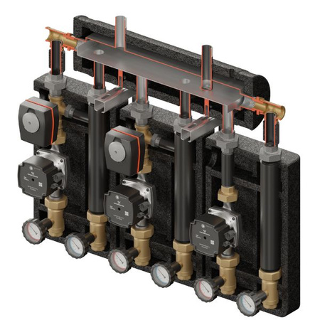 Zestaw hydrauliczny 3 grup mieszających Brygada PRO 3D+ 9044 z rozdzielaczem KRE 3D+ + zawór 3-drogowy VRG 432 1” i siłownikiem ESBE (2 szt.) + pompa obiegowa 25/7 230 V Grundfos (3 szt.) Elterm 869044