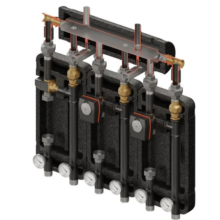 Zestaw hydrauliczny 3 grup mieszających Brygada 3D+ 7544 z rozdzielaczem KRE 3D+ + zawór termostatyczny VTA 372 ESBE + zawór 3-drogowy VRG 432 1” i siłownikiem ESBE (2 szt.) Elterm 847544