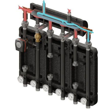 Zestaw hydrauliczny 3 grup mieszających Brygada 3D+ 7004 z rozdzielaczem KRE 3D+ + zawór 3-drogowy VRG 432 1” i siłownikiem ESBE Elterm 847004