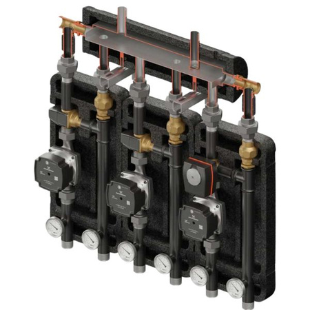Zestaw hydrauliczny 3 grup mieszających Brygada 3D+ 9554 z rozdzielaczem KRE 3D+ + zawór termostatyczny VTA 372 ESBE (2 szt.) + zawór 3-drogowy VRG 432 1” i siłownikiem ESBE + pompa obiegowa 25/7 230 V Grundfos (3 szt.) Elterm 849554